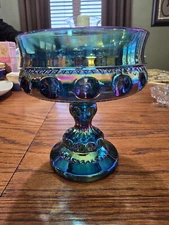 Blue Carnival Glass King’s Crown Compote Indiana Glass Pedestal Bowl