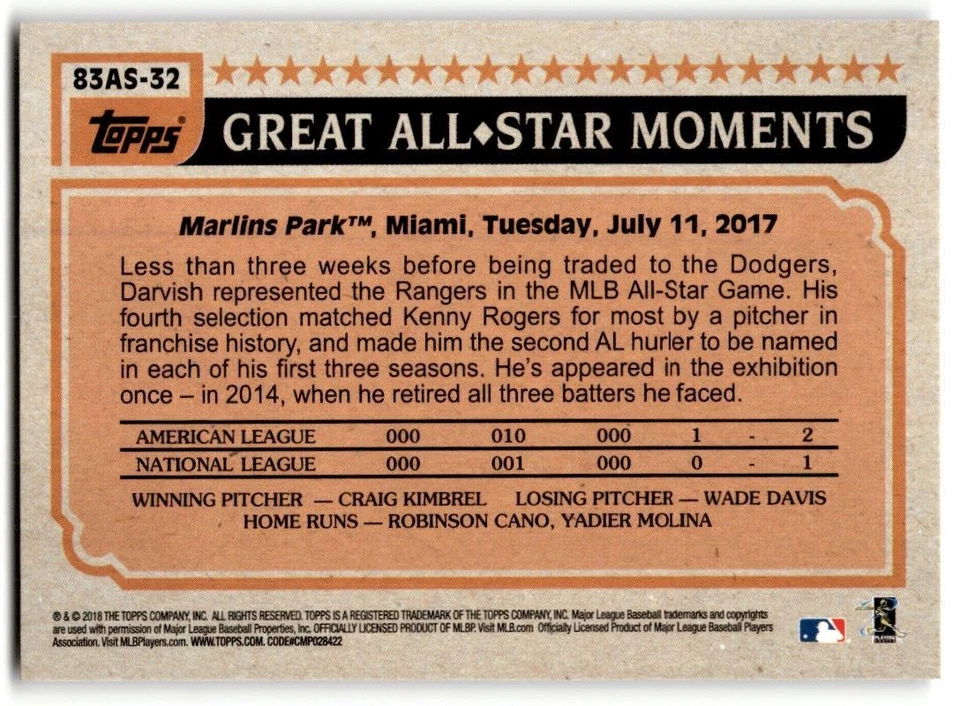 2018 Topps 1983 Yu Darvish #83AS-32 Texas Rangers - Image 2 of 2