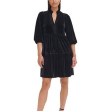 VINCE CAMUTO Velvet Puff-sleeve Tiered Dress In Black