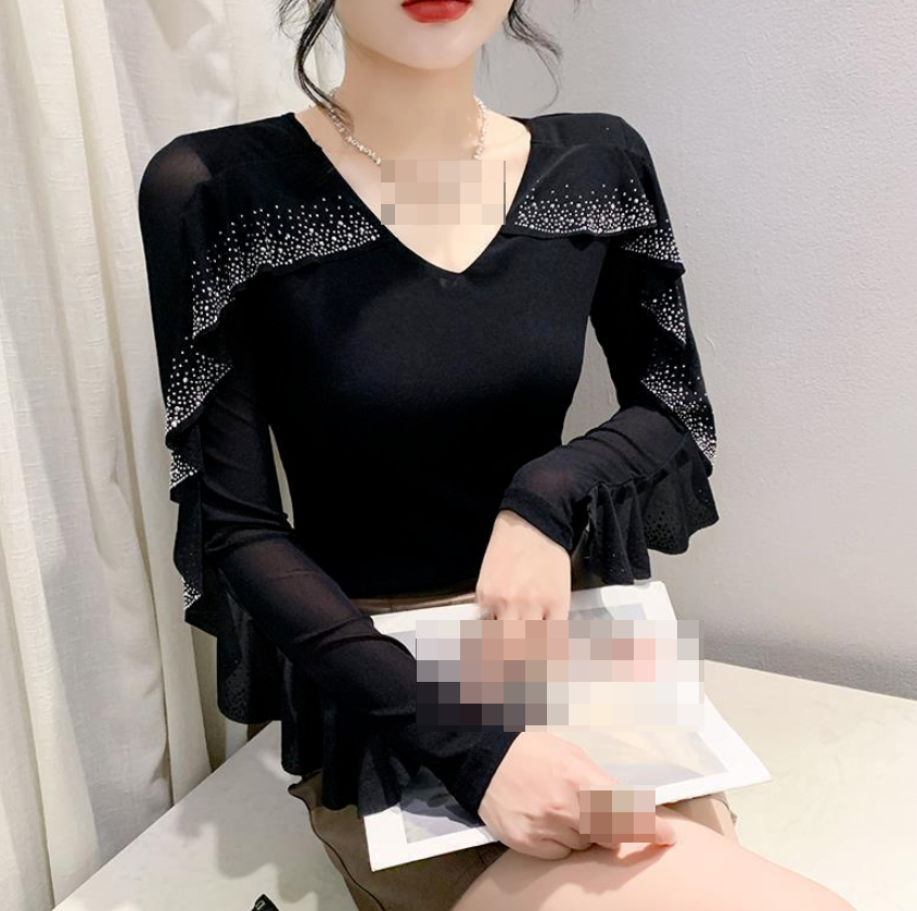 Womens Slim Rhinestone V-Neck Casual Korean Party Cocktail T-Shirt Blouse Tops