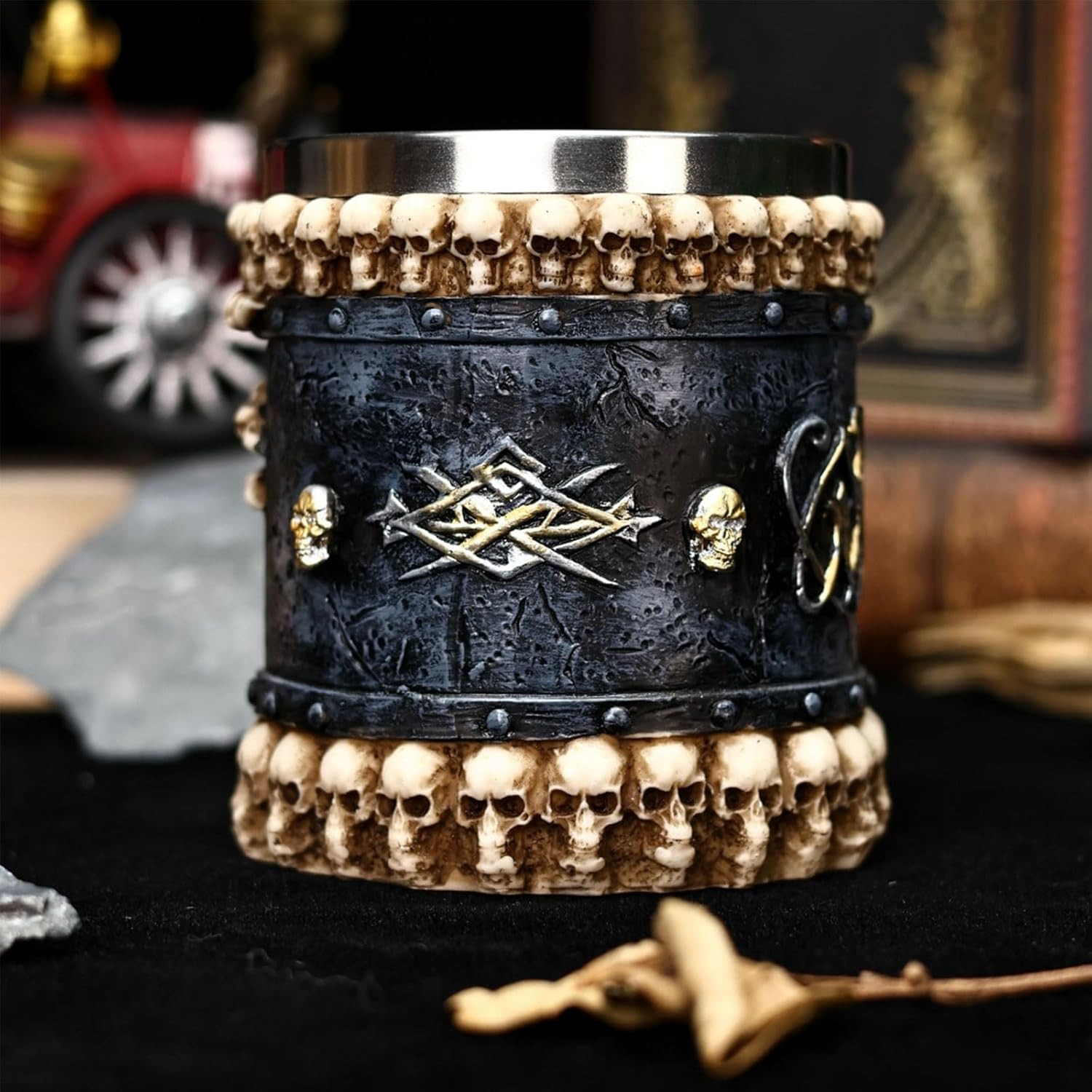 Skull Mug Cup, Halloween Skeleton Drinking Cup, Resin + Stainless Steel Coffee M