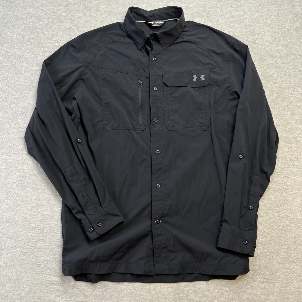 Under Armour Shirt Mens Medium Black Fish Hunter Vented Nylon Button Down Hiking
