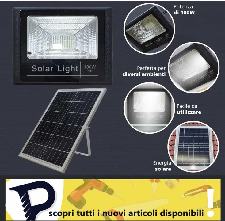 Faro Led 100 Watt con Pannello Solare Crepuscolare Proiettore IP67 + Telecomando - Immagine 3 di 4
