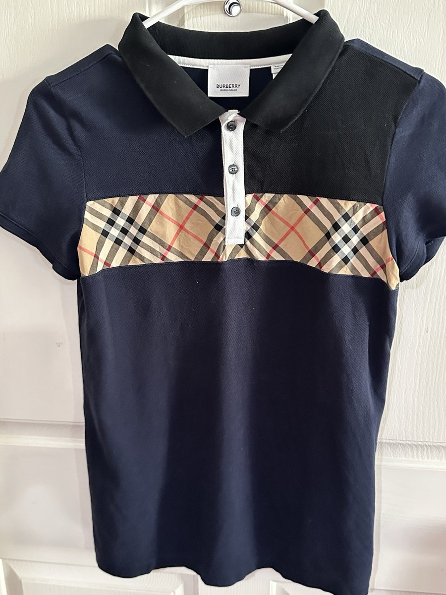 Burberry Boys Navy Polo Shirt Plaid Check Panel Short Sleeve