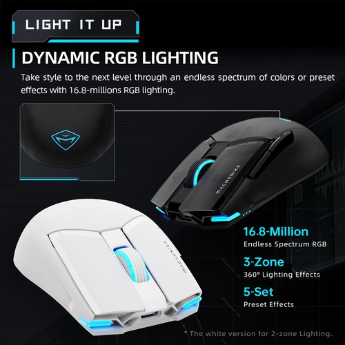 Mouse da gioco wireless, 26.000 DPI, sensore PAW3395, RGB retroilluminato, design ergonomico,... - Foto 6 di 7