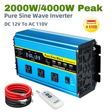 2000W 4000W Pure Sine Wave Power Inverter DC 12V to AC 110V 4USB 3AC Remote NEW