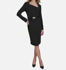 Halston Women's Black Crepe Asymmetric Neck Long Sleeve Belted Dress Size 14