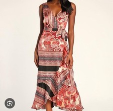 NWT Lulus  Red Multi Scarf Print Satin Wrap Midi Dress Small Price New $96