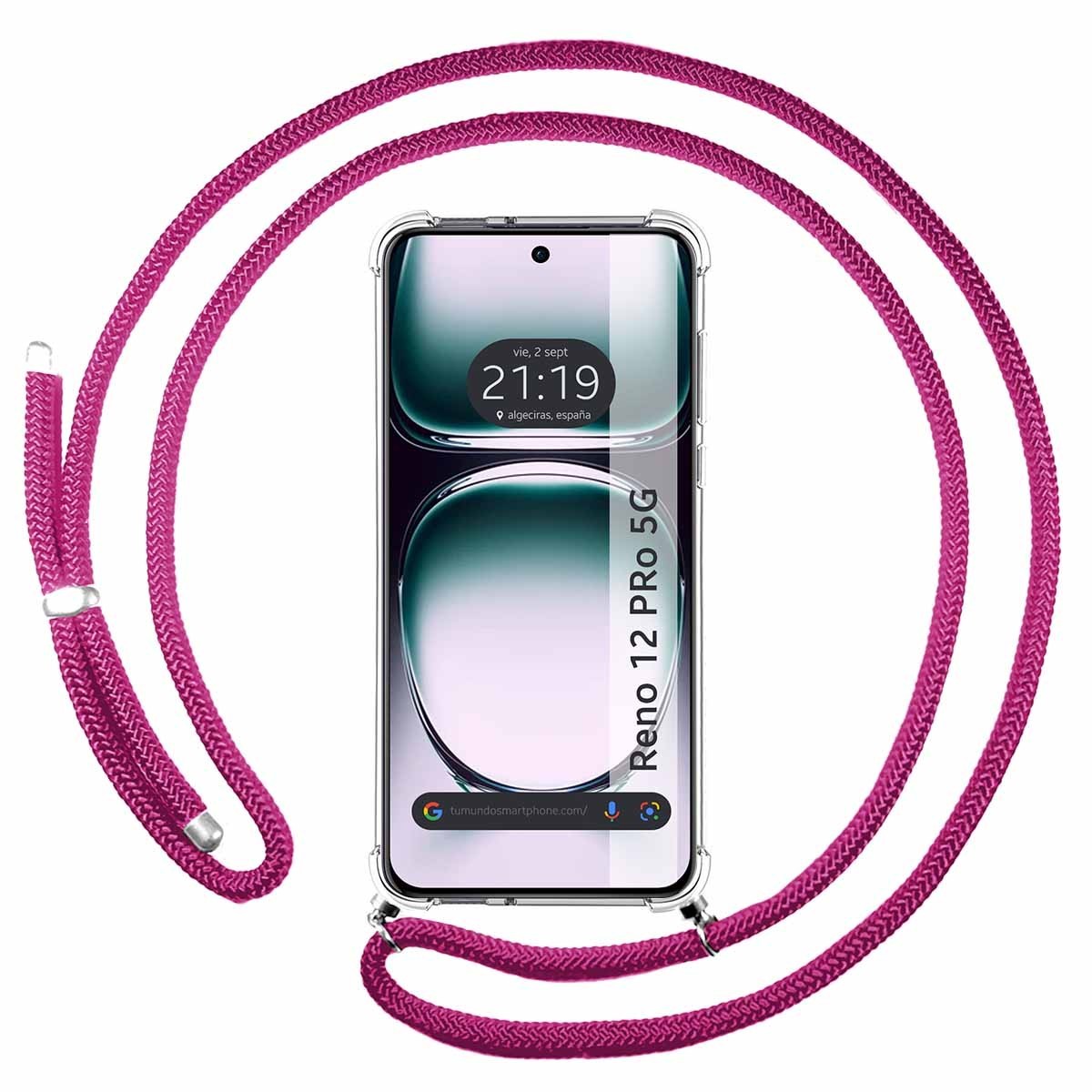 Funda Trasparente Appesa Per Oppo Reno 12 Pro 5G Con Corda Rosa Fucsia