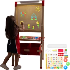 Light up Easel for Kids 3 -In-1 Magnetic Chalkboard, LED Drawing Board with Adju