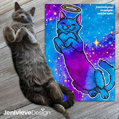 COMMISSIONS - Watercolor Galaxy Cat ACEO Artist Trading Card Original Art