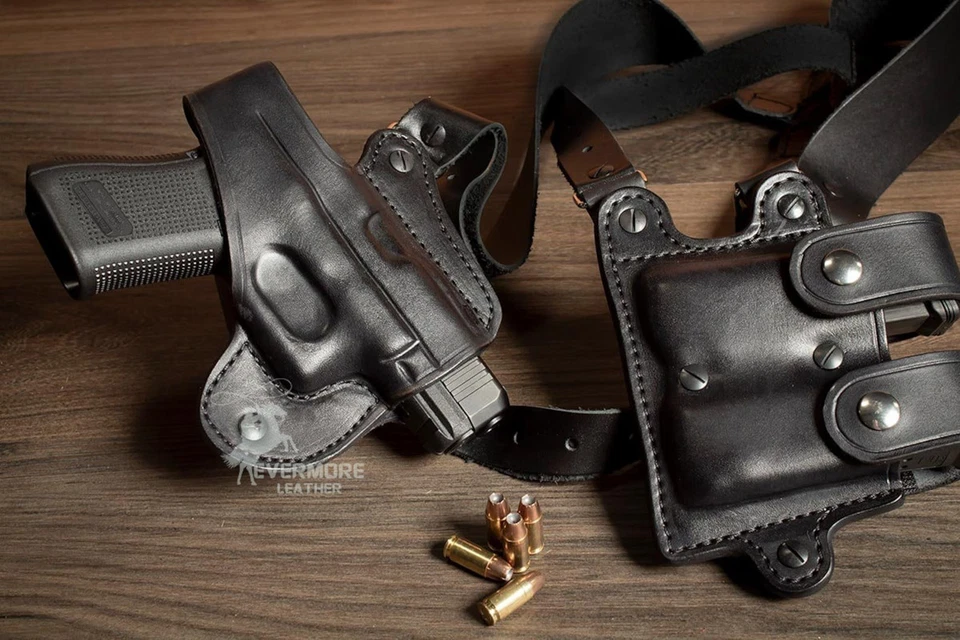 Leather Horizontal Shoulder Holster with Dual Magazine Pouch For Beretta Models - Image 4 of 4