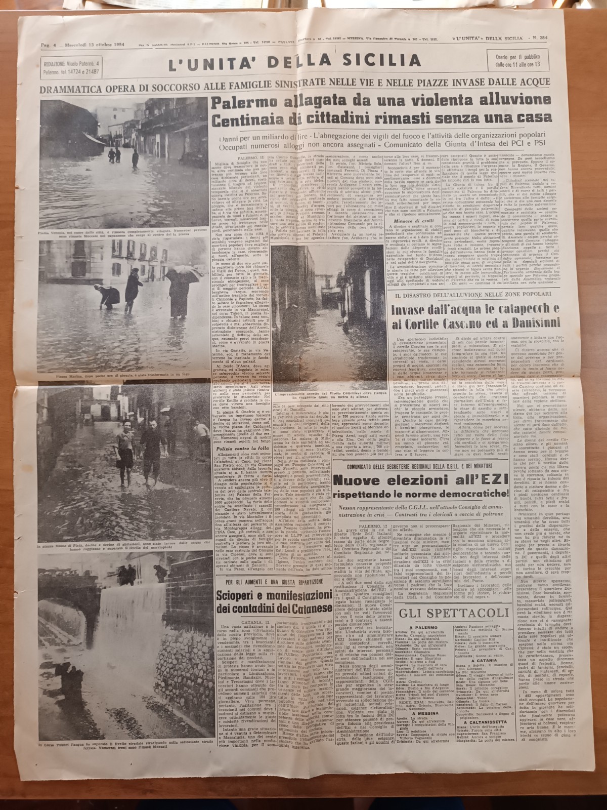 clipping / ritaglio 13 ottobre 1954 L'alluvione di Palermo