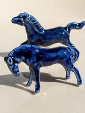 8 Mini Porcelain Horses Vintage Cobalt Blue Figurines Western Ranch Equestrian