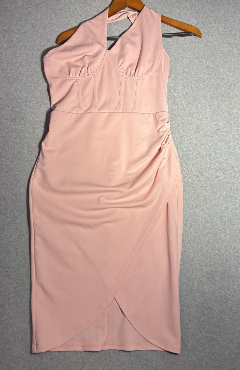 Women's Medium Kancy Kole Pink Halter Midi Dress Ruched Bodycon Cocktail  NWT | eBay