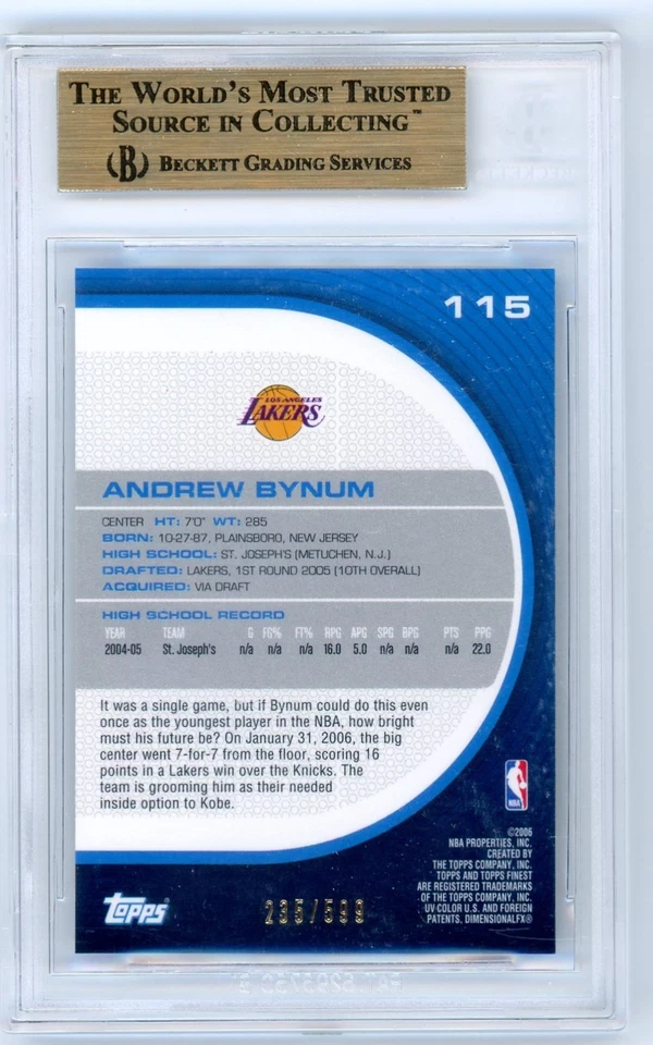 2005-06 Finest #115 Andrew Bynum RC BGS 9.5 - Image 2 of 2