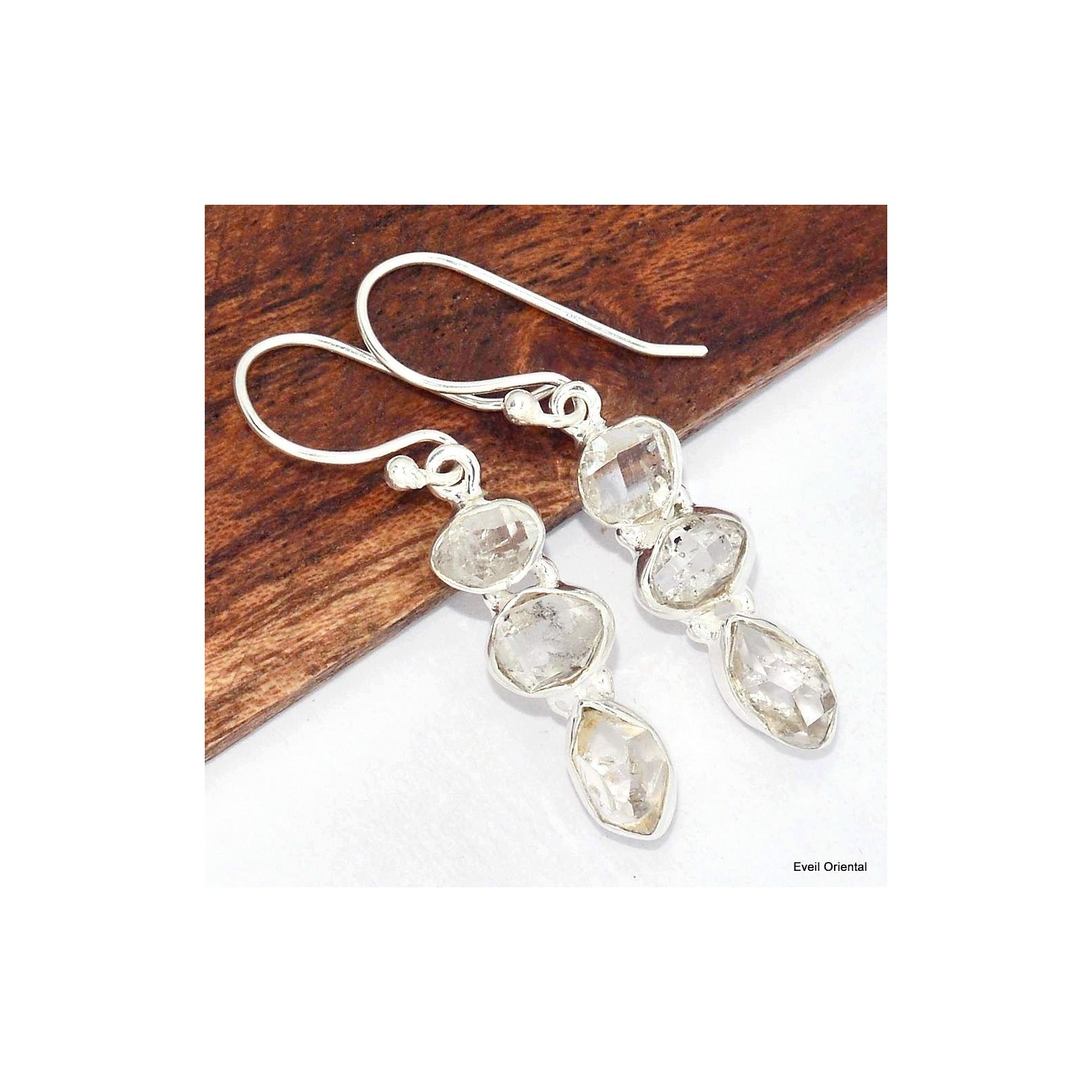 Boucles d'oreilles Diamant d'Herkimer 3 pierres KC69, bijoux bohème chic en cristal