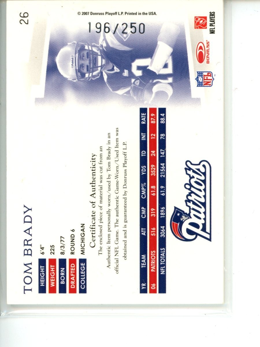 Tom Brady 2007 Donruss Threads GAME USED Jersey 196/250 FOOTBALL CARD HOF view 2