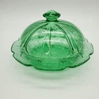 VTG Uranium Depression Glass covered butter dish in the Cherry Blossom Pattern