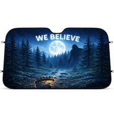 Bigfoot We Believe Car Sunshade Night Forest Full Moon Sasquatch Windshield Shad