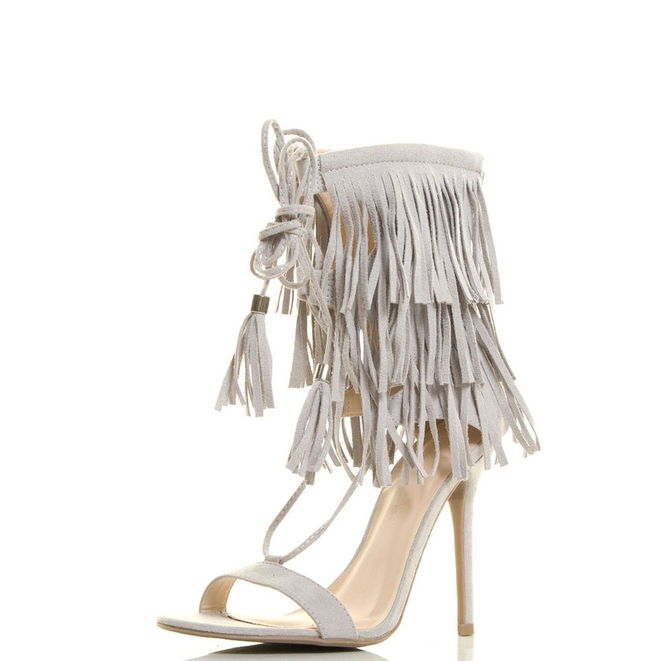 Fringe Cuff Tassel Lace Up Open Toe Heel
