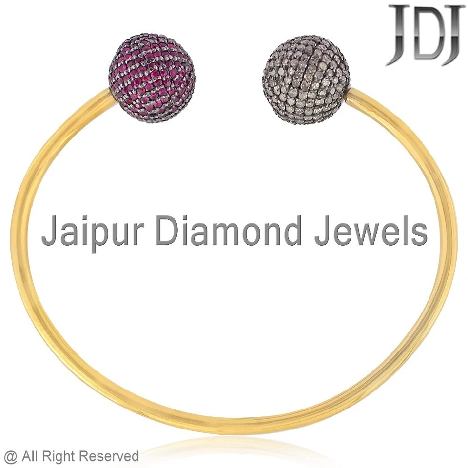 925 Silver Jewelry Natural Pave Diamond Ruby Gemstone Open Cuff Bangle Jewelry - Image 2 of 3