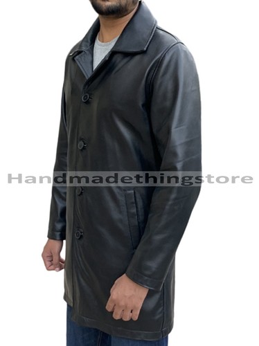 Men's Black Sheepskin Leather Coat Handmade Black Leather Three Quarter Coat - Picture 5 of 7