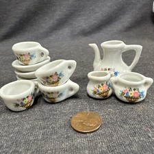 Miniature Mini Dollhouse Tea Set White Flower Basket Design 11 Piece