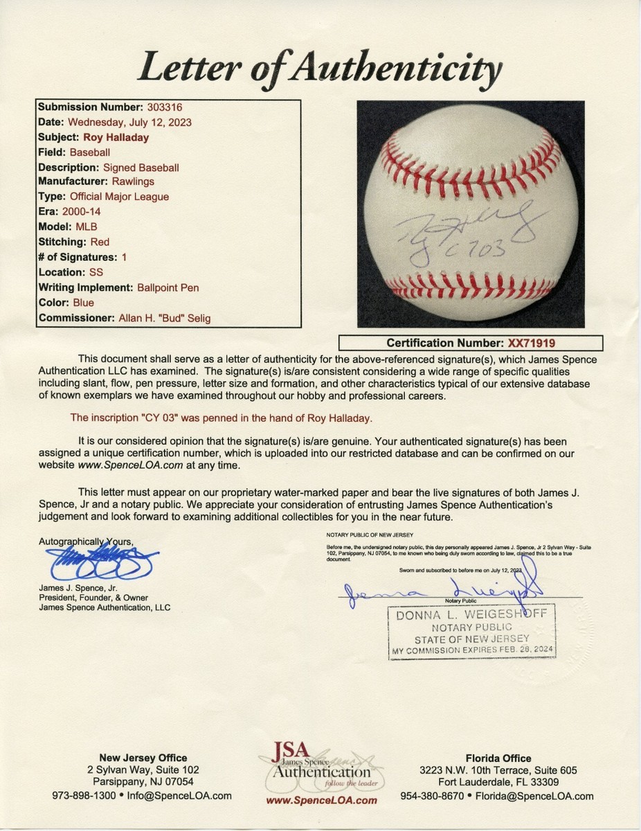 Roy Halladay Cy 03 Signed OML Baseball JSA LOA #XX71919 | eBay