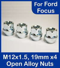 4x M12 x 1.5, 19mm Hex Open Alloy Wheel Nuts, Lugs For Ford Focus (Zinc)