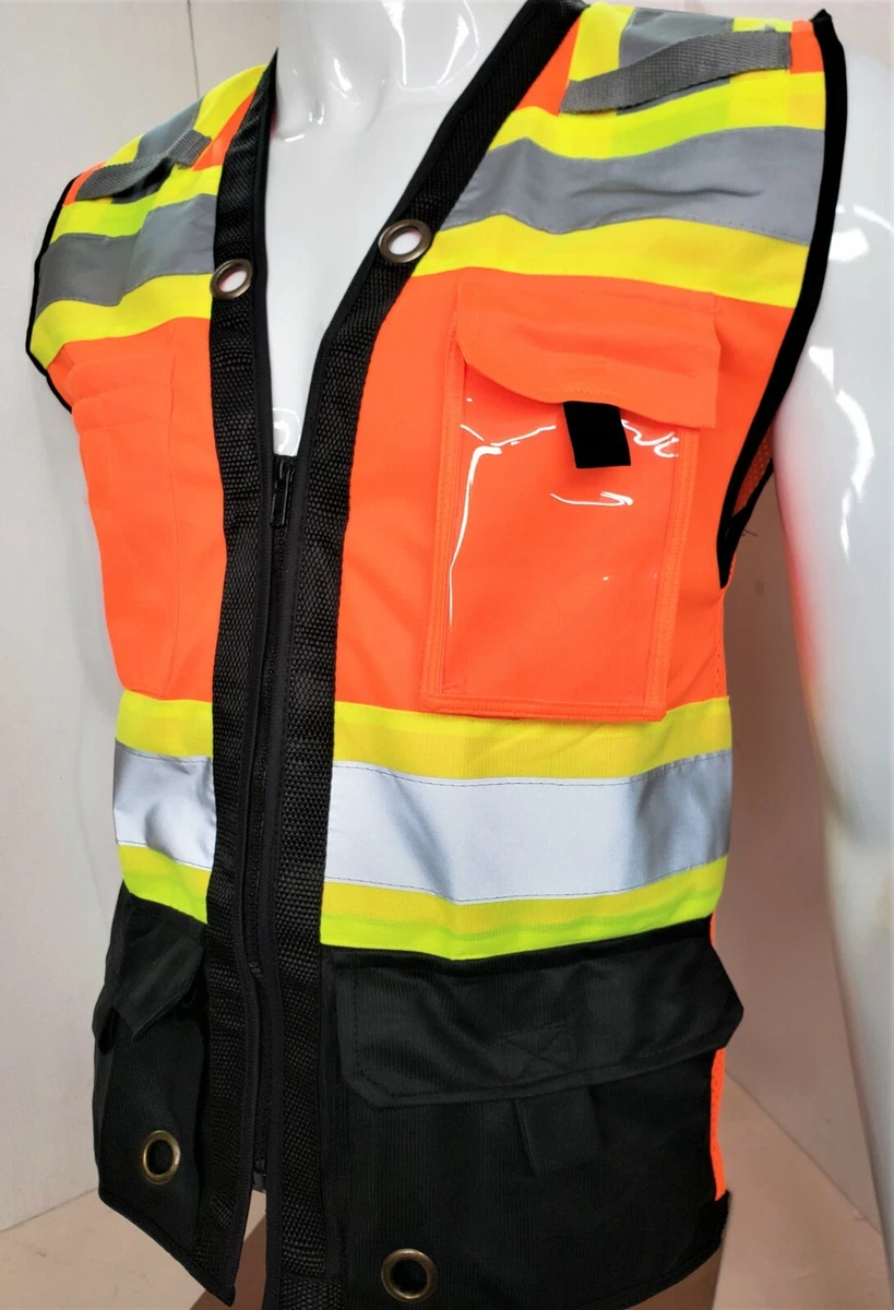 Three Tone HI VIS Orange Safety Vest with 4 Front Pocket