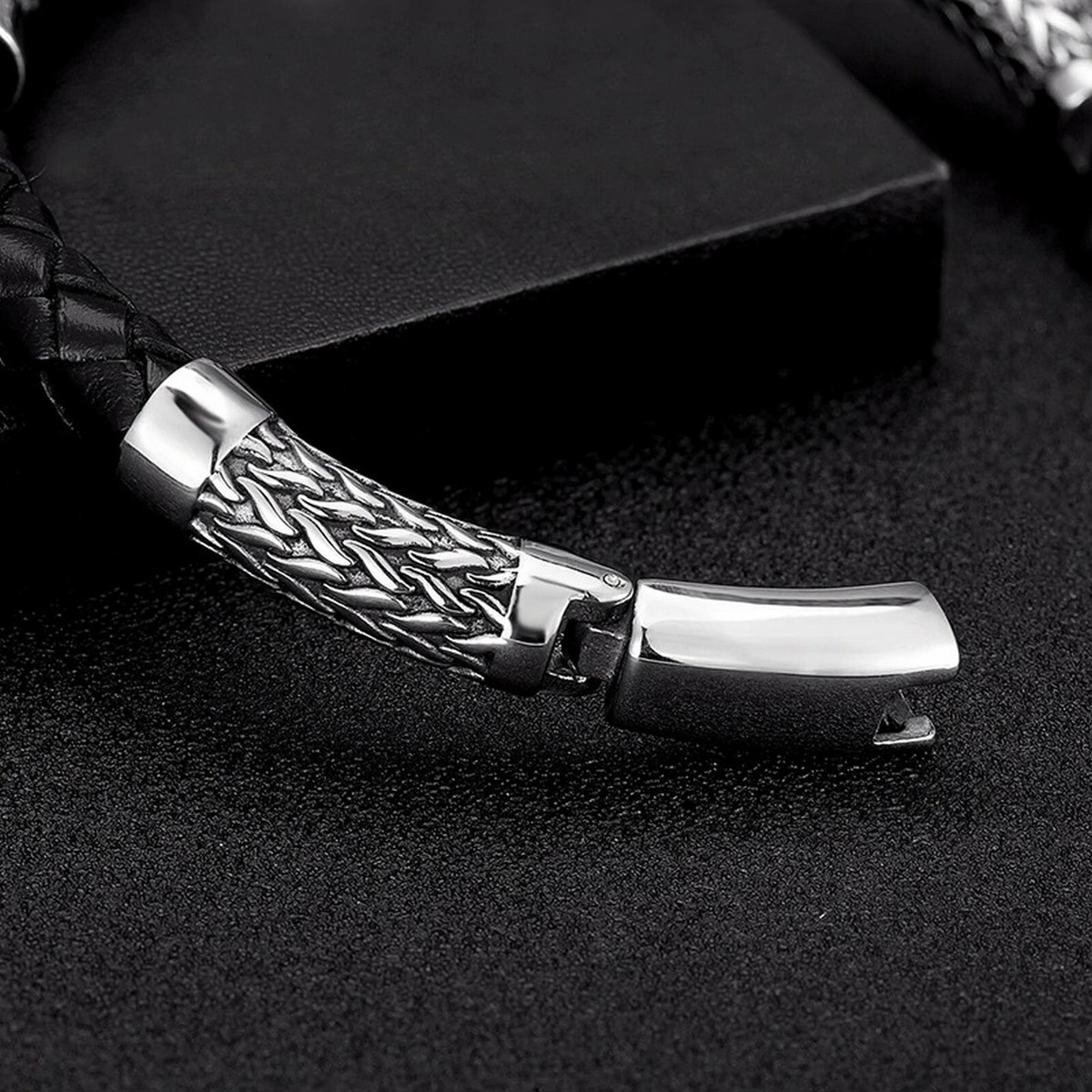 Bracelet Homme Cuir Noir Et Acier Inoxydable - Fermoir Magnétique - Tailles 19/21/23 Cm