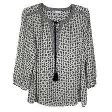 DR2 Top Womens Size L Black Beige Southwest Geometric Print Tassel Tie Neck