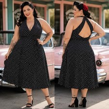 Melanie Lyne Polka Dot Halter Dress Sz 16 Pinup Black Open Back Rockabilly Retro