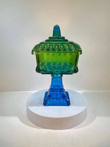 Vintage Jeanette Glass Pedestal Candy Box Dish Blue Green Lidded Collectible