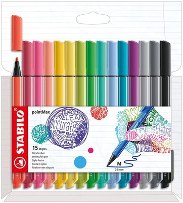 Nylon Tip Writing Pen - STABILO pointMax - Wallet of 15 - Assorted Colours Pack