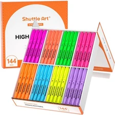 Shuttle Art 144 Pack Highlighters, Highlighters 18 Each/8 Colors, Assorted 