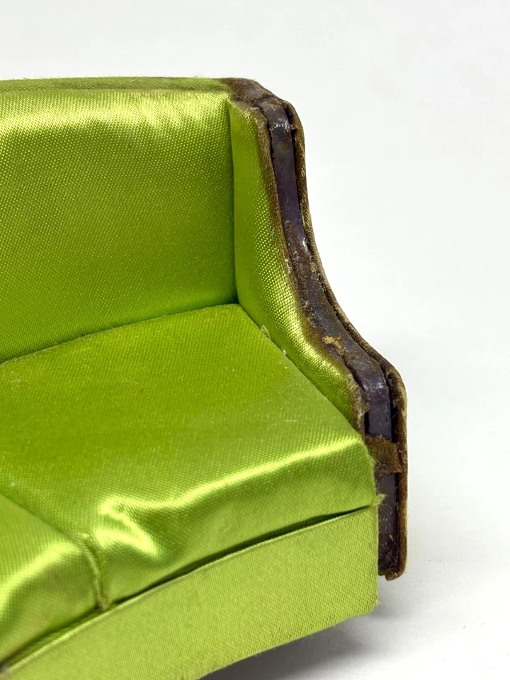 Vtg Ideal Petite Princess Green Satin Salon Curved Sofa As-Is - Image 4 of 4