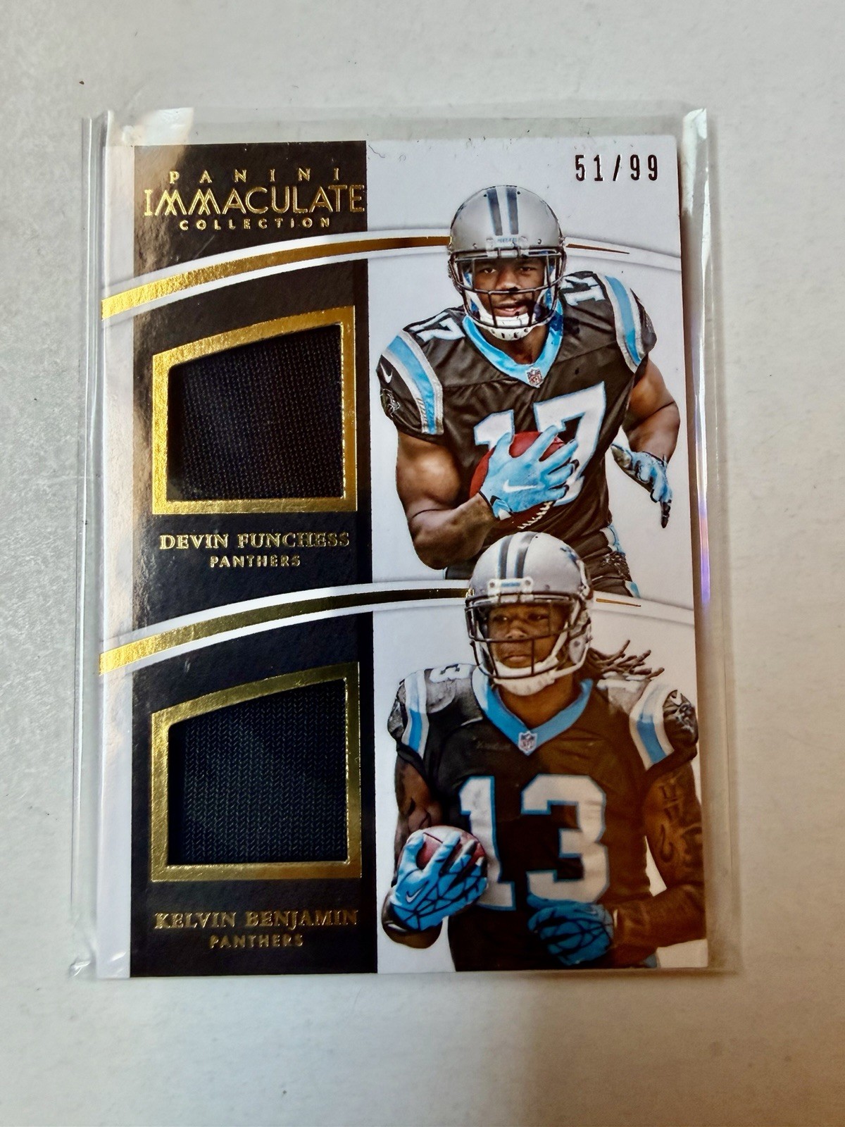 2015 Immaculate Kelvin Benjamin Devin Funchess #IDJ-CAR Dual Worn Materials /99