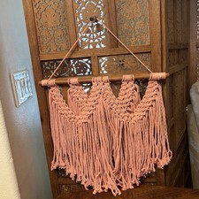 Pink Macrame Wall Hanging 20x18 Boho Home Decor Knotted Yarn