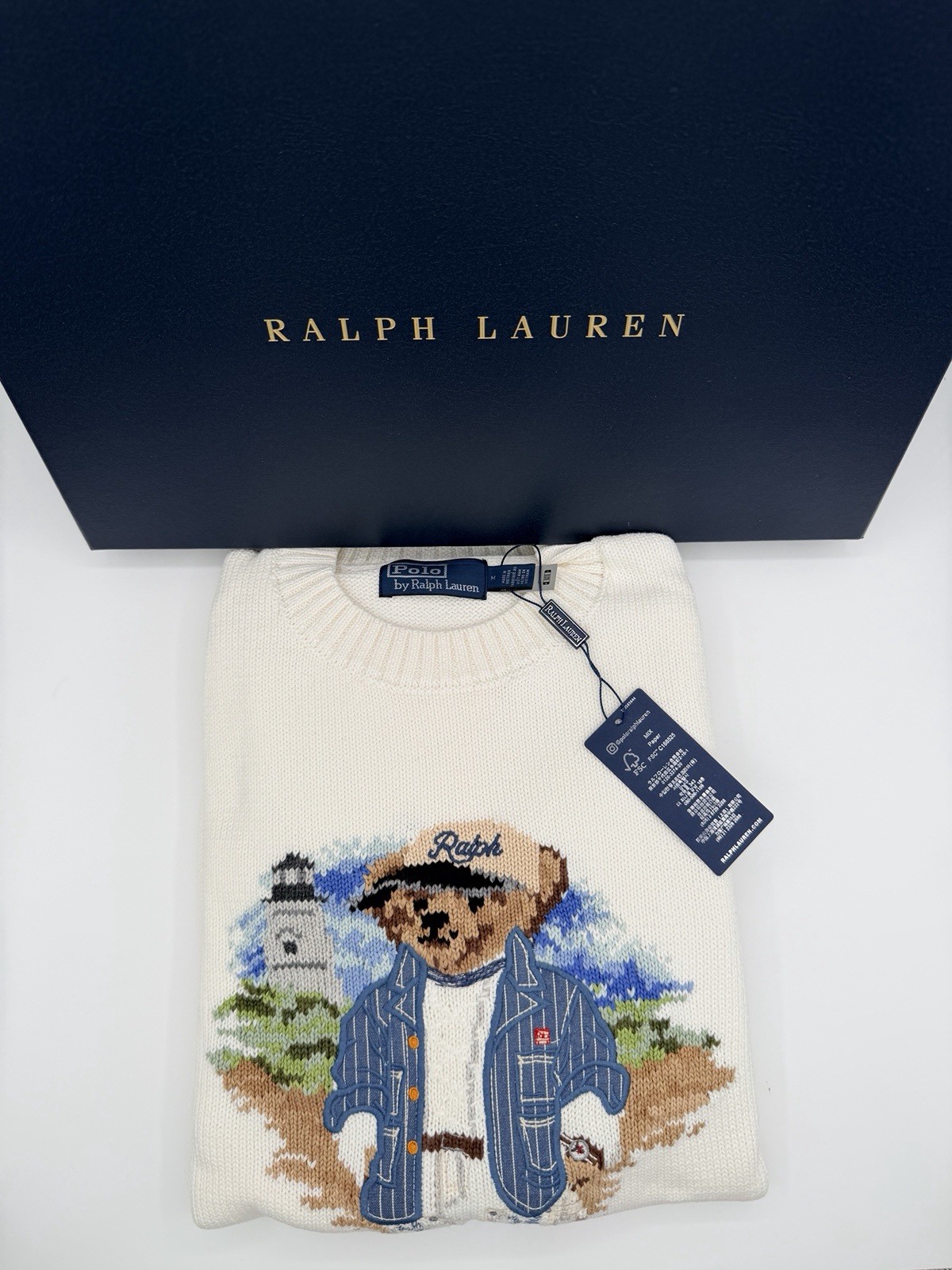 Ralph Lauren Sweater Polo Bear Men’s Medium White Lighthouse Crewneck