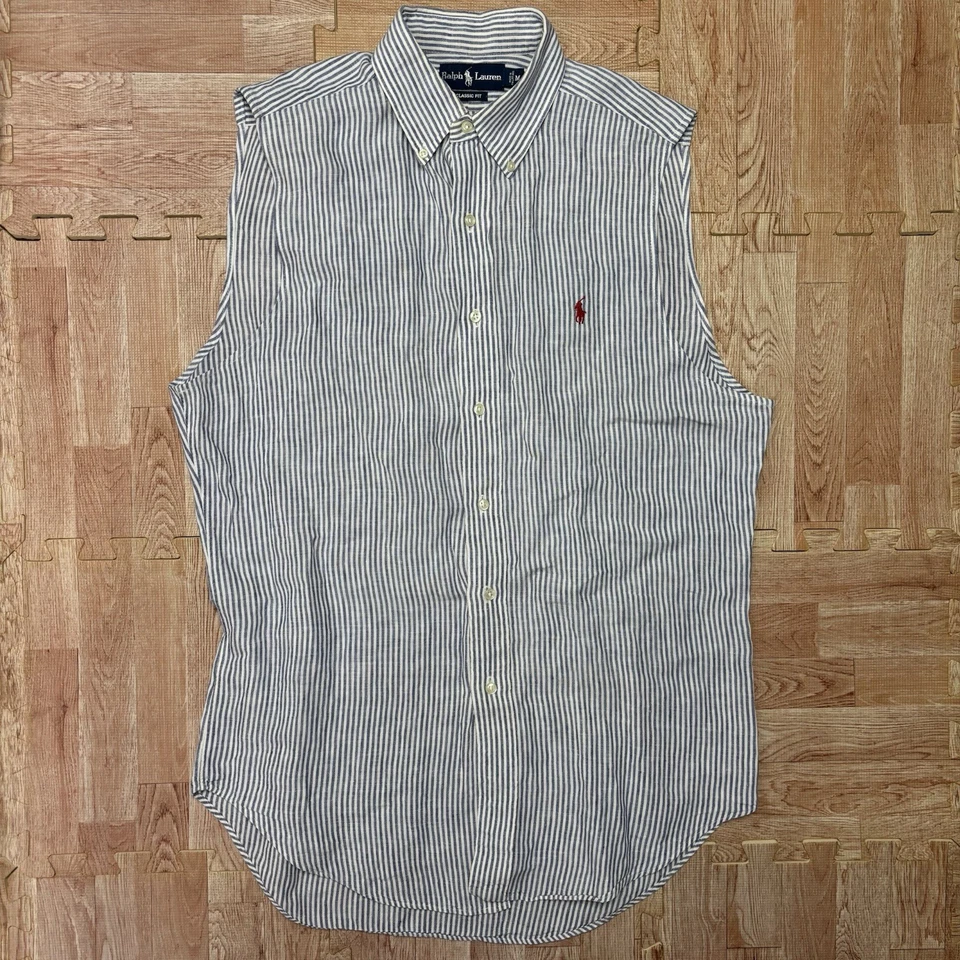 Ralph Lauren Sleeveless Linen Shirt M Blue White Stripe Classic Fit Polo Coastal - Image 3 of 4