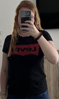 Levi's Damen T-Shirt XS Schwarz Rot Logo Rundhals Kurzarm Baumwolle Basic