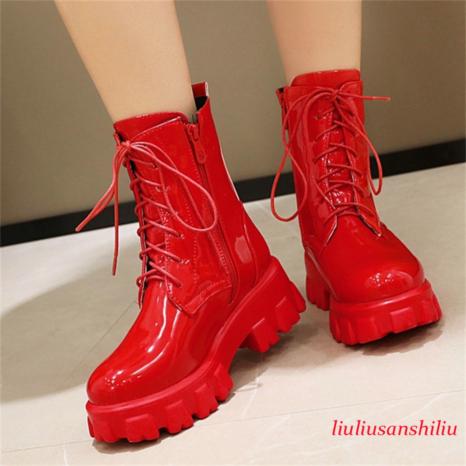 Womens Platform Combat Ankle Boots Round Toe Casual Lace Up Zip Riding Shoes Hot