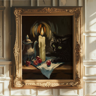 Black Cat Candle Still Life Art | Gothic Baroque Decor | Museum Fine Print