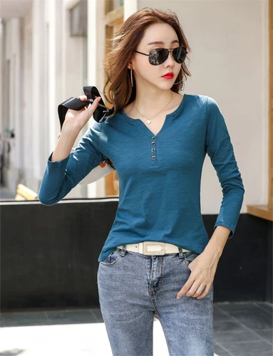Womens Cotton Long Sleeve T Shirt Loose V Neck Slub Cotton Casual Blouse Tops US - Bild 14 von 49