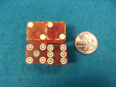 TWO PAIRS OF VTG RED LUCITE? WITH WHITE (BULLS-EYE) DOTS CASINO DICE ''THE SANDS''