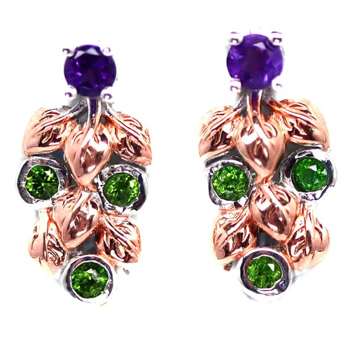 925 Silver Purple Amethyst & Green Chrome Diopside Two Tone Handmade Earrings