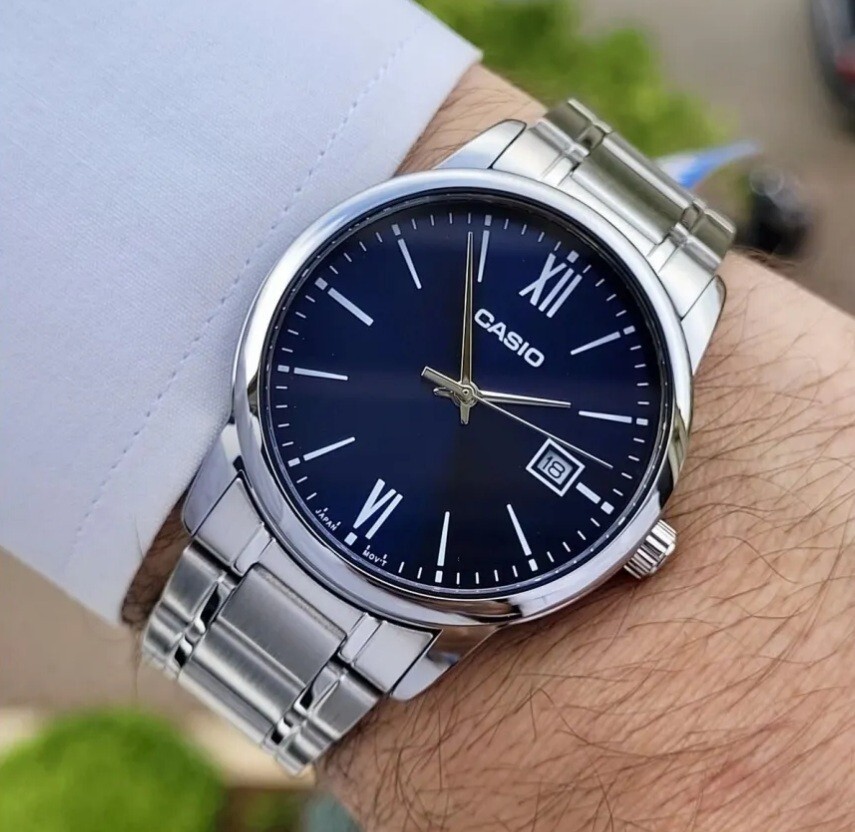 Casio MTP-V002D-2B3 Blue Analog Roman Numeral Stainless Steel Date