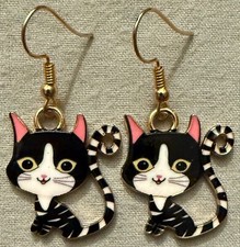 BLACK, WHITE  PINK CAT EARRINGS - Enamel with Gold Plated Ear Wires KITTY